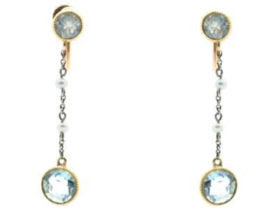 Edwardian 15ct Gold, Aquamarine & Natural Pearls Drop Earrings