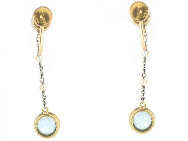 Edwardian 15ct Gold, Aquamarine & Natural Pearls Drop Earrings