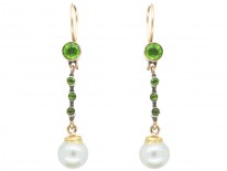 Edwardian 9ct Gold Peridot & Pearl Drop Earrings