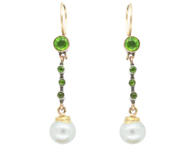Edwardian 9ct Gold Peridot & Pearl Drop Earrings