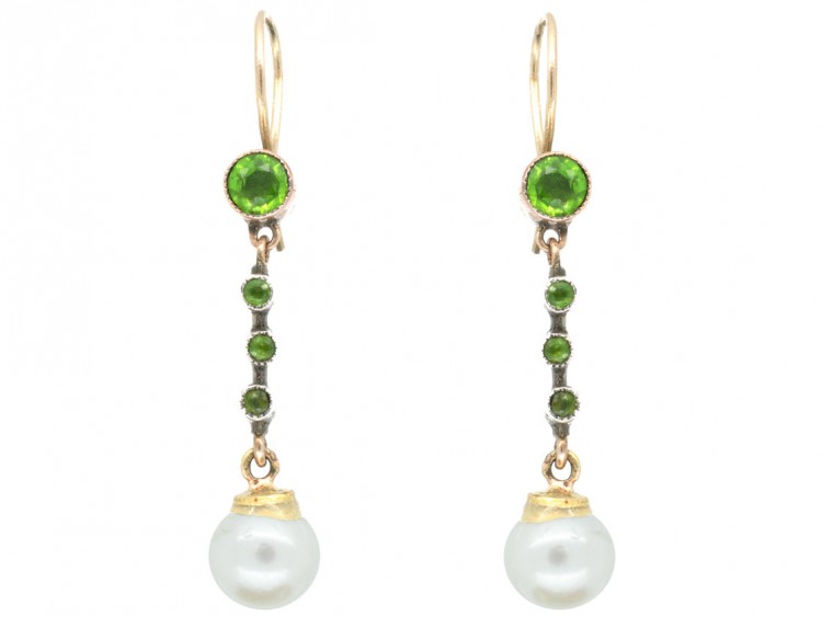 Edwardian 9ct Gold Peridot & Pearl Drop Earrings