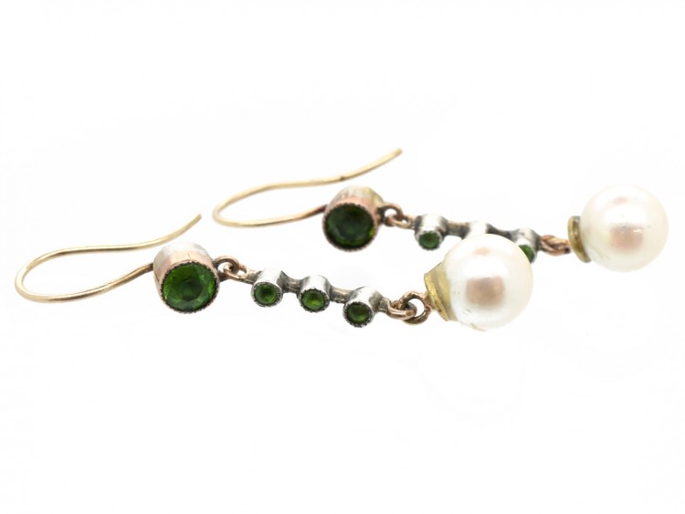 Edwardian 9ct Gold Peridot & Pearl Drop Earrings
