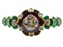 Victorian 18ct Gold Holbeinesque Ring with Diamonds, Green Enamel & Garnet