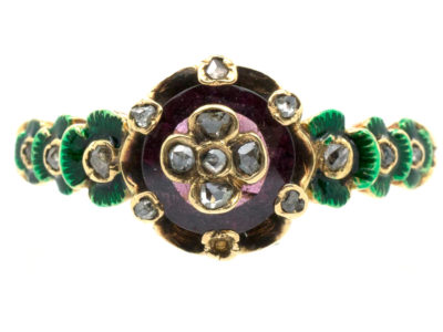 Victorian 18ct Gold Holbeinesque Ring with Diamonds, Green Enamel & Garnet
