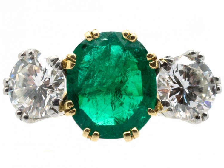 18ct Gold, Colombian Emerald & Diamond Three Stone Ring