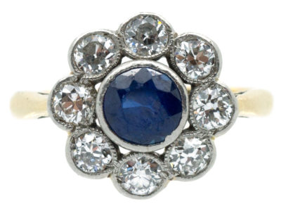 Edwardian 18ct Gold Sapphire & Diamond Cluster Ring