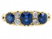 Victorian 18ct Gold Three Stone Sapphire & Diamond Ring