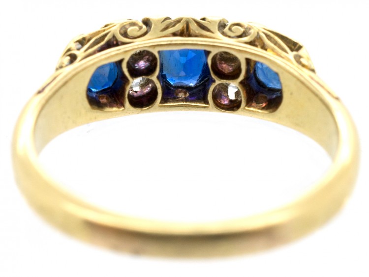 Victorian 18ct Gold Three Stone Sapphire & Diamond Ring