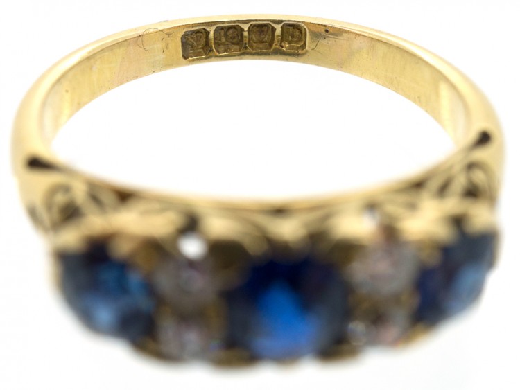Victorian 18ct Gold Three Stone Sapphire & Diamond Ring