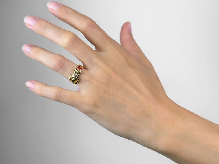 Victorian 18ct Gold Garnet & Diamond Buckle Ring