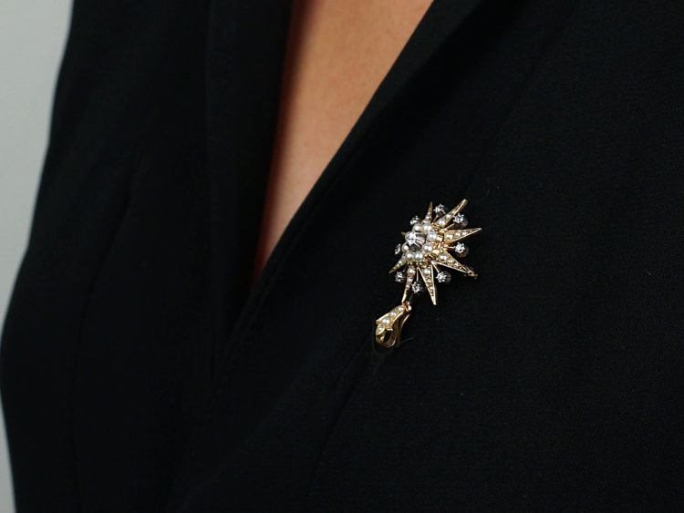 Victorian Diamond & Natural Split Pearl Star Brooch & Pendant