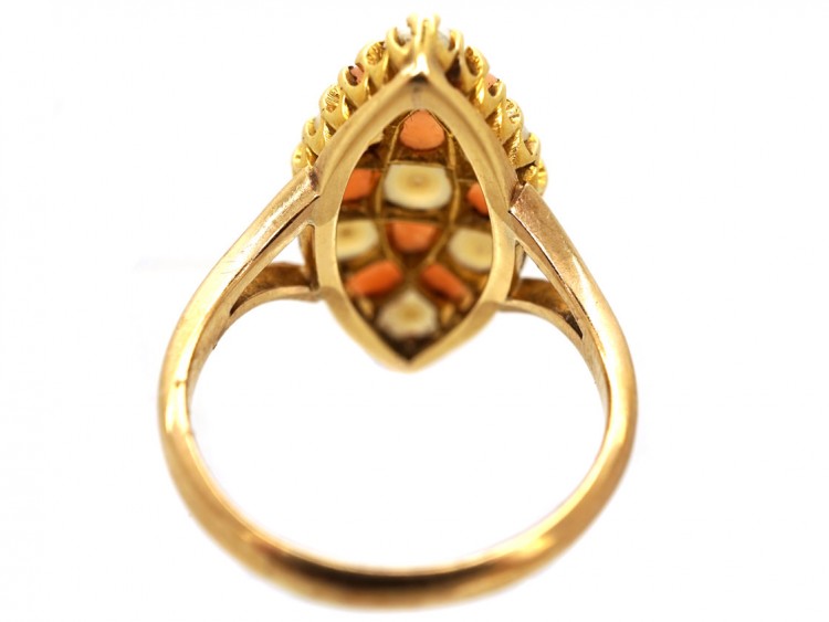 Victorian 9ct Gold Coral & Natural Split Pearl Marquise Ring