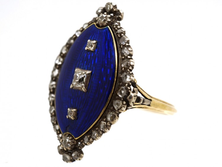 Georgian Royal Blue Enamel ​& Diamond Navette Shaped Ring