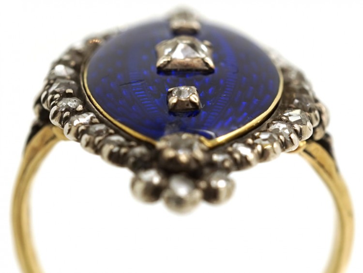 Georgian Royal Blue Enamel ​& Diamond Navette Shaped Ring