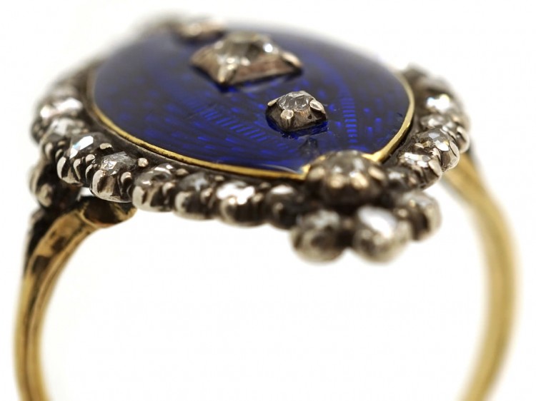 Georgian Royal Blue Enamel ​& Diamond Navette Shaped Ring
