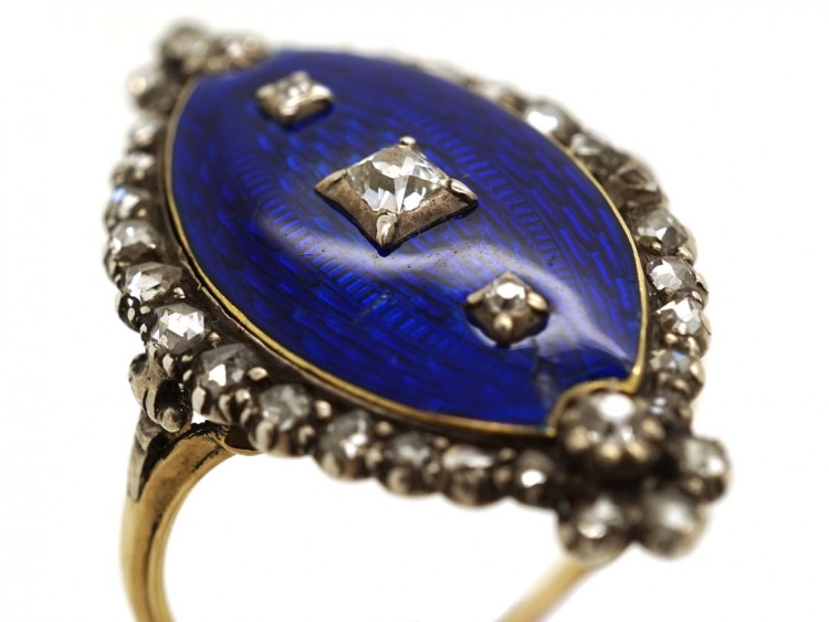 Georgian Royal Blue Enamel ​& Diamond Navette Shaped Ring