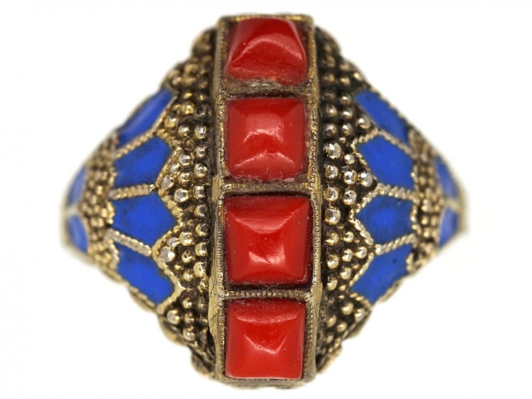 Theodor Fahrner Siver Gilt, Coral ​& Enamel Ring
