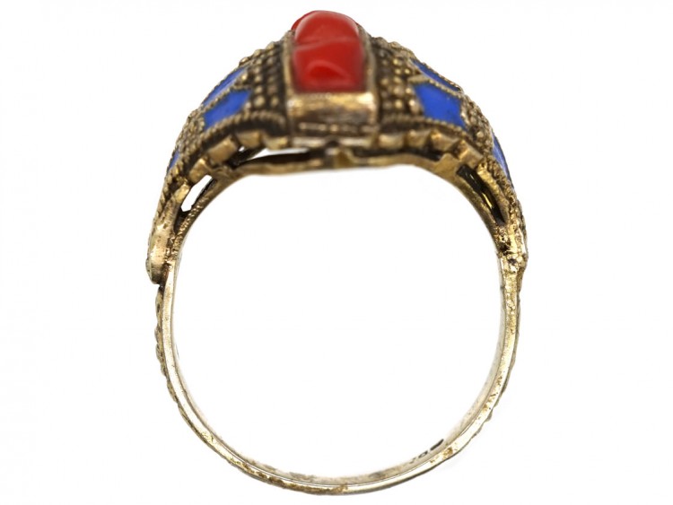Theodor Fahrner Siver Gilt, Coral ​& Enamel Ring