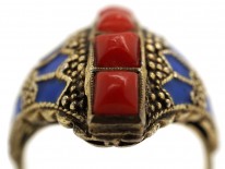 Theodor Fahrner Siver Gilt, Coral ​& Enamel Ring