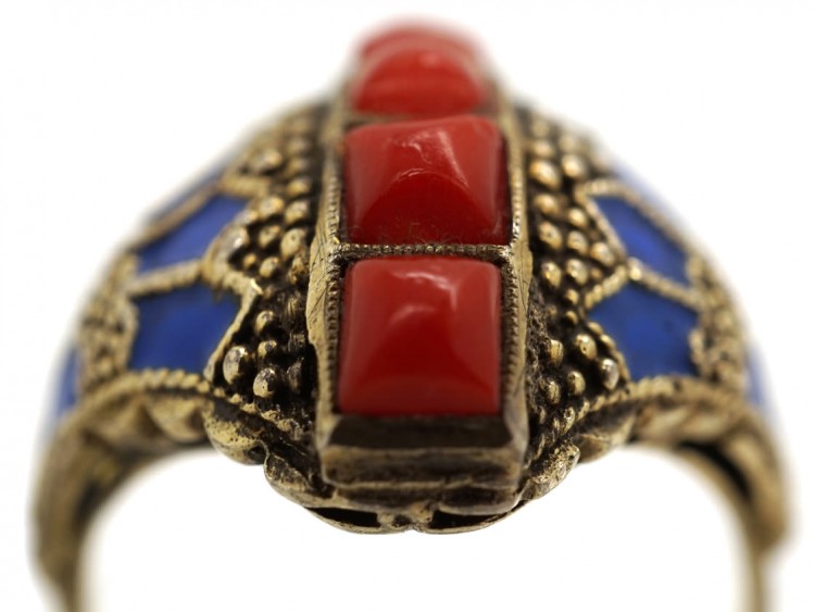 Theodor Fahrner Siver Gilt, Coral ​& Enamel Ring