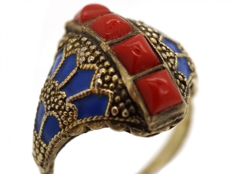 Theodor Fahrner Siver Gilt, Coral ​& Enamel Ring