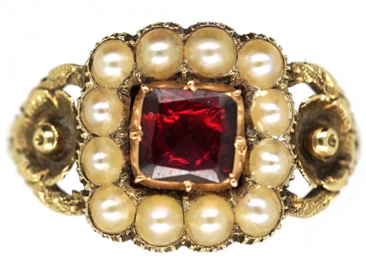 Georgian 15ct Gold Flat Cut Garnet ​& Natural Split Pearl Ring