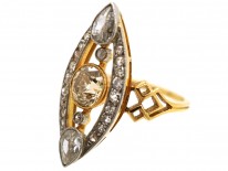 Art Deco Diamond Marquise Ring set with a Central Fancy Peach Diamond
