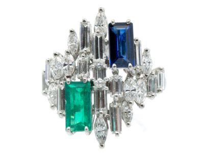 Platinum, Sapphire, Diamond & Emerald 1970s Ring