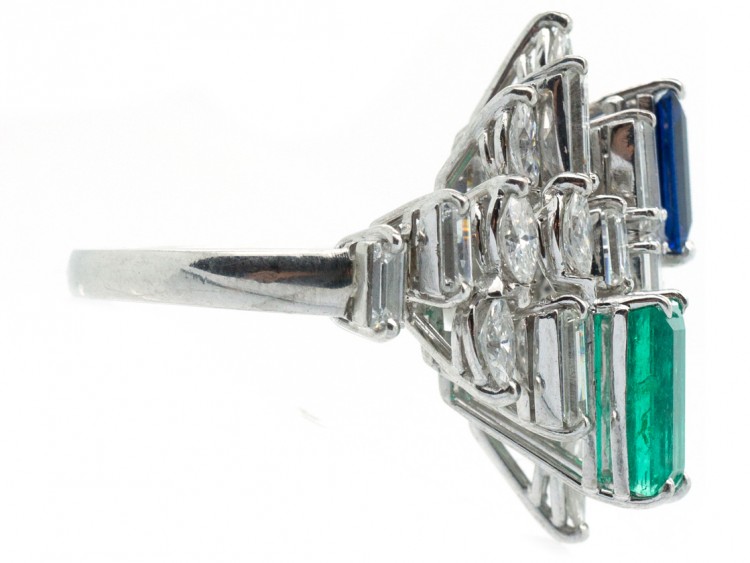 Platinum, Sapphire, Diamond & Emerald 1970s Ring