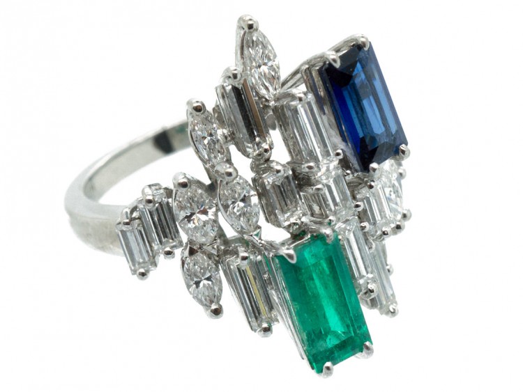 Platinum, Sapphire, Diamond & Emerald 1970s Ring