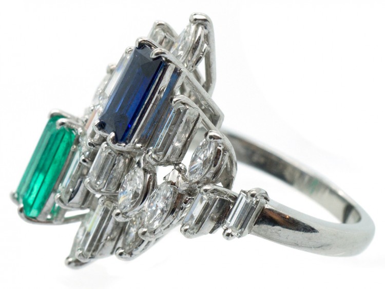 Platinum, Sapphire, Diamond & Emerald 1970s Ring