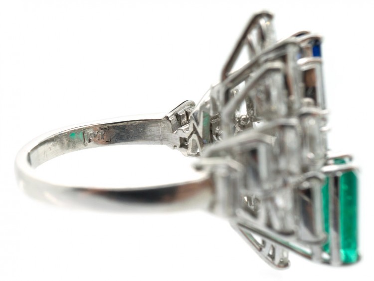 Platinum, Sapphire, Diamond & Emerald 1970s Ring