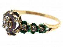 Victorian 18ct Gold Holbeinesque Ring with Diamonds, Green Enamel & Garnet