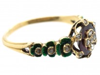 Victorian 18ct Gold Holbeinesque Ring with Diamonds, Green Enamel & Garnet