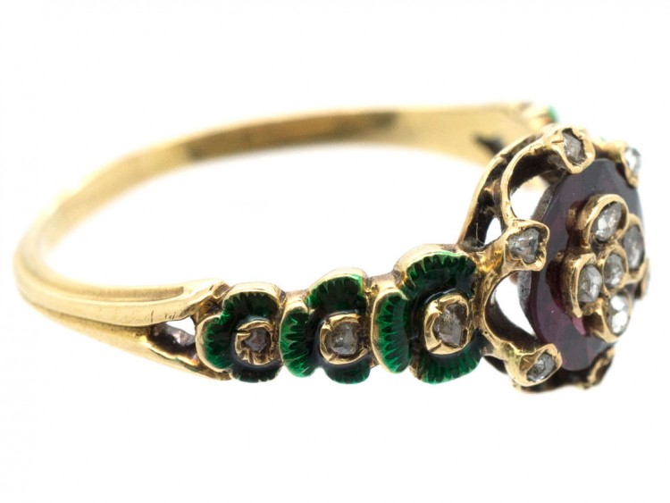 Victorian 18ct Gold Holbeinesque Ring with Diamonds, Green Enamel & Garnet