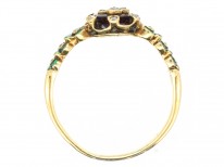 Victorian 18ct Gold Holbeinesque Ring with Diamonds, Green Enamel & Garnet