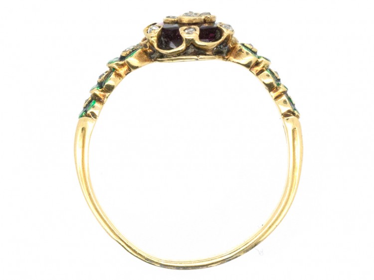 Victorian 18ct Gold Holbeinesque Ring with Diamonds, Green Enamel & Garnet