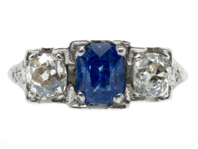 Art Deco Platinum Three Stone Sapphire & Diamond Ring