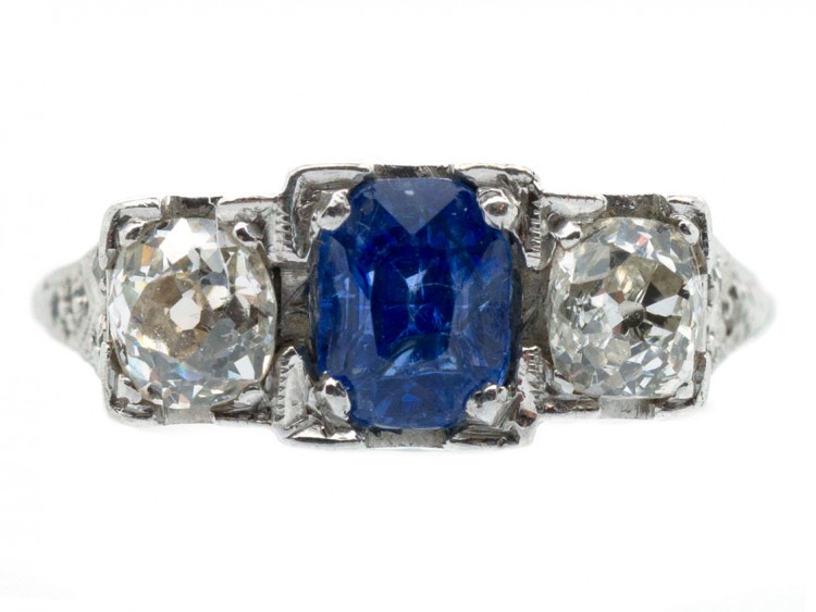 Art Deco Platinum Three Stone Sapphire & Diamond Ring