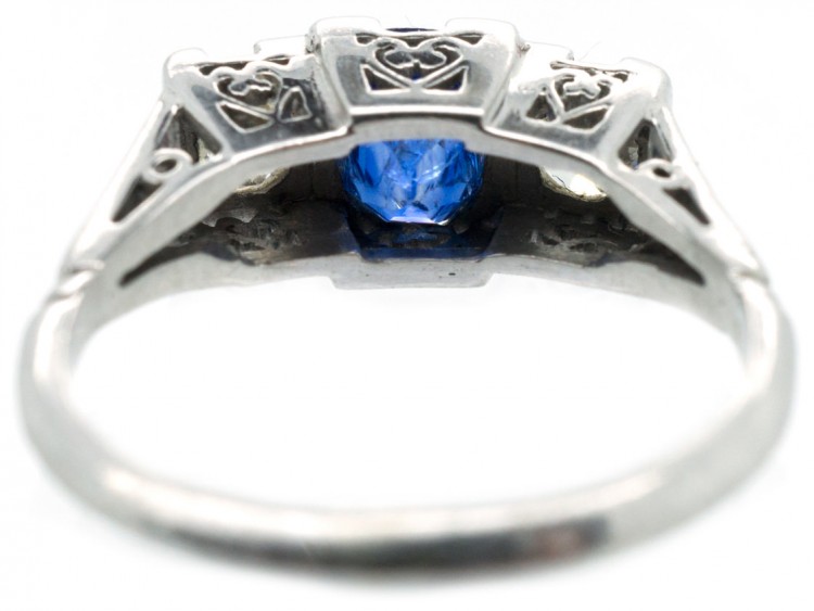 Art Deco Platinum Three Stone Sapphire & Diamond Ring