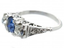 Art Deco Platinum Three Stone Sapphire & Diamond Ring