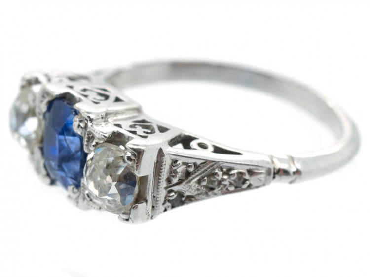 Art Deco Platinum Three Stone Sapphire & Diamond Ring