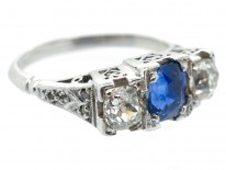 Art Deco Platinum Three Stone Sapphire & Diamond Ring