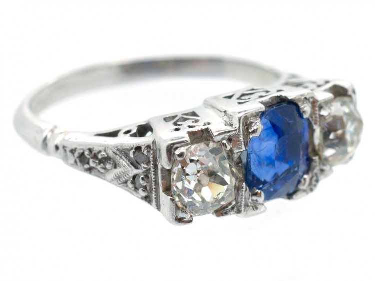 Art Deco Platinum Three Stone Sapphire & Diamond Ring