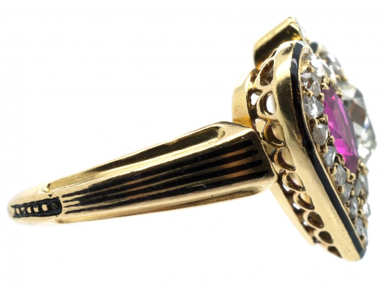 Victorian 18ct Gold Diamond & Ruby Double Heart Ring within a Spade