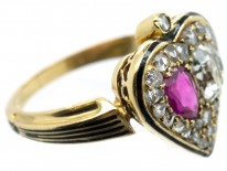 Victorian 18ct Gold Diamond & Ruby Double Heart Ring within a Spade