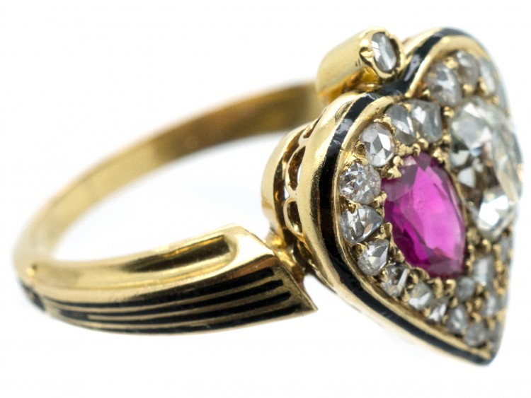 Victorian 18ct Gold Diamond & Ruby Double Heart Ring within a Spade