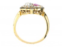 Victorian 18ct Gold Diamond & Ruby Double Heart Ring within a Spade