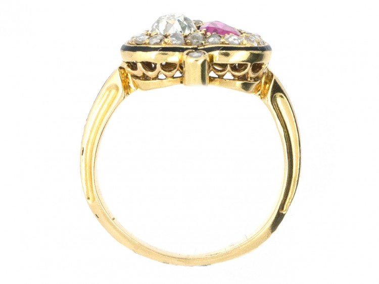 Victorian 18ct Gold Diamond & Ruby Double Heart Ring within a Spade