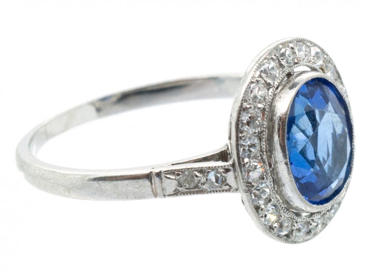 Art Deco Platinum, Ceylon Sapphire & Diamond Ring